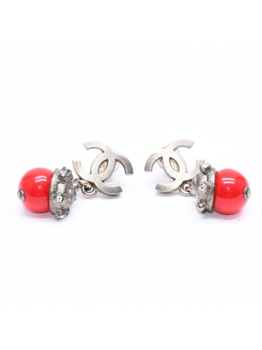 Chanel Earrings CC Logo Red Stone Rhinestone 05 Seashell
